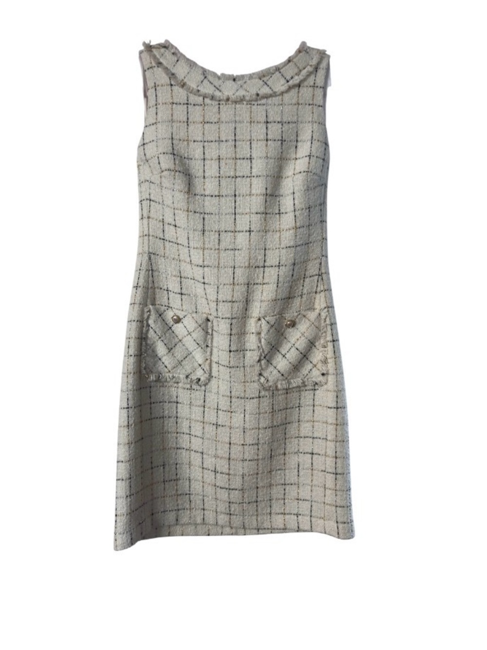 Karl Lagerfeld Ivory‎ Tweed Mini Dress with Pocket Flap Detail Sz 8 (TTXA990)